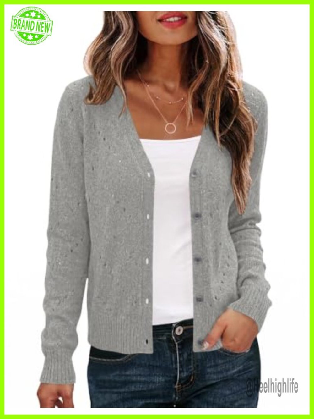 Open Front Crochet Cardigan Sweater V-Neck Button Down Lightweight Fall
